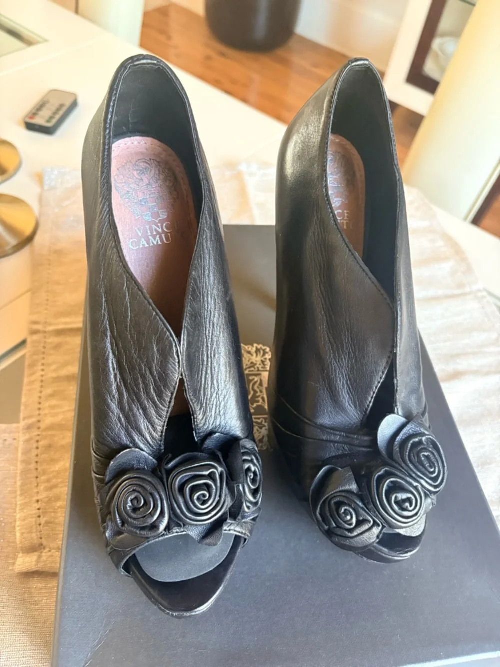 Vince Camuto Black Peep-Toe Nappa Pumps with Rose Appliqué - Picture 2 of 4